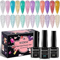 Mizhse Jelly Reflective Glitter Gel Nail Polish Kit Flash Disco Diamond Sheer Gel Polish Sparkle 12Pcs Translucent Soak Off Uv