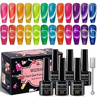 Mizhse Neon Cat Eye Gel Nail Polish Set 12Pcs Cateye Blue Green Purple Soak Off Gel Polish Magnetic Manicure Kit For Nail Art S