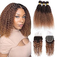 Curly Bundles With Closure Human Hair Brazilian Virgin Human Hair Weave T430 Ombre 3 Bundles With 4X4 Lace Closure 20 22 2418