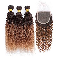 Curly Bundles With Closure Human Hair Brazilian Virgin Human Hair Weave T430 Ombre 3 Bundles With 4X4 Lace Closure 20 22 2418