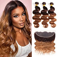 Body Wave Bundles With Frontal Human Hair 3 Bundles With Frontal 13X4 Ear To Ear Lace Frontal 2 Tone Ombre Brazilian Virgin Huma