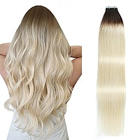 Suyya Tape In Hair Extensions Human Hair Ombre Darkest Brown To Platinum Blonde 20 Inch 50Gpack 20Pcs Straight Seamless Skin We