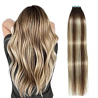 Suyya Tape In Hair Extensions Human Hair Balayage Chocolate Brown To Bleach Blonde And Chestnut Brown 40Gpack 20Pcs Straight Se