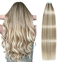 Suyya Tape In Hair Extensions Human Hair Ash Blonde Highlighted Bleach Blonde 16 Inch 40Gpack 20Pcs Straight Seamless Skin Weft