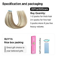 Suyya Tape In Hair Extensions Human Hair Ash Blonde Highlighted Bleach Blonde 16 Inch 40Gpack 20Pcs Straight Seamless Skin Weft