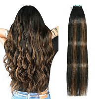 Suyya Tape In Hair Extensions Human Hair Balayage Natural Black To Chestnut Brown 14 Inch 40Gpack 20Pcs Straight Seamless Skin