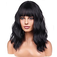 Beron 14 Inches Black Wigs With Bangs For Women Short Curly Wig Black Bob Wig For Girl Natural Looking Wavy Wigs