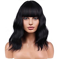 Beron 14 Inches Black Wigs With Bangs For Women Short Curly Wig Black Bob Wig For Girl Natural Looking Wavy Wigs