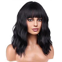 Beron 14 Inches Black Wigs With Bangs For Women Short Curly Wig Black Bob Wig For Girl Natural Looking Wavy Wigs