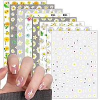 8 Sheets Flower Nail Art Stickers Decals 3D Small Daisy Nail Art Supplies For Spring Summer Nail Art Decoration Flowers Floral S