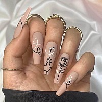 Foccna Coffin Nude Press On Nails Flower Fake Nails Long Acrylic Fake Nails Graffiti Stick On Nails With Sticker Beautiful Nails