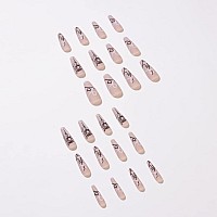 Foccna Coffin Nude Press On Nails Flower Fake Nails Long Acrylic Fake Nails Graffiti Stick On Nails With Sticker Beautiful Nails