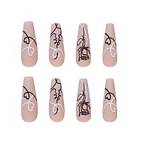 Foccna Coffin Nude Press On Nails Flower Fake Nails Long Acrylic Fake Nails Graffiti Stick On Nails With Sticker Beautiful Nails