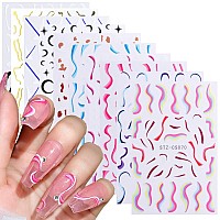 10 Sheets Line Nail Art Stickers Gold Nail Decals 3D Selfadhesive Nail Art Supplies Colorful Wavy Stripe Lines Star Moon Heart