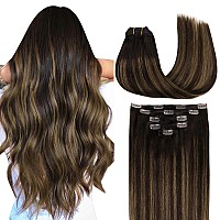 Maxita Hair Extensions Real Human Hair 22 Inch 85G 5Pcs Balayage Dark Brown Mixed Chestnut Brown Clip In Hair Extensions Remy