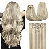 Maxita Human Hair Extensions Clip In Ash Blonde Highlighted Platinum Blonde 5Pcs 85G 22 Inch Clip In Hair Extensions Real Huma