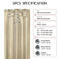 Maxita Human Hair Extensions Clip In Ash Blonde Highlighted Platinum Blonde 5Pcs 85G 22 Inch Clip In Hair Extensions Real Huma