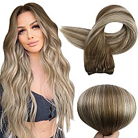 Full Shine Weft Hair Extensions Human Hair Color Light Brown To Platinum Blonde Mix Brown Double Weft Extensions Sew In Hair Extensions Real Human Hair Brunette Hair Extensions For Women 100G 14 Inch