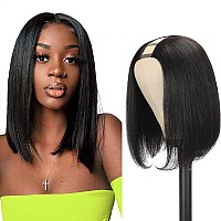 Amella Hair U Part Wig Human Hair Wigs For Black Women 12inch Short Bob Straight Wig Brazilian Remy Human Hair Bob Wigs Clip in Half Wig U Part Hair Wigs Natural Black Color