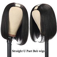 Amella Hair U Part Wig Human Hair Wigs For Black Women 12inch Short Bob Straight Wig Brazilian Remy Human Hair Bob Wigs Clip in Half Wig U Part Hair Wigs Natural Black Color