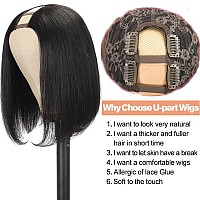 Amella Hair U Part Wig Human Hair Wigs For Black Women 12inch Short Bob Straight Wig Brazilian Remy Human Hair Bob Wigs Clip in Half Wig U Part Hair Wigs Natural Black Color