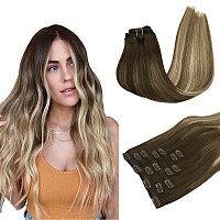 Hair Extensions Clip In Human Hair 120G 7Pcs 20 Inch Maxita Walnut Brown To Ash Brown And Bleach Blonde Hair Extensions Clip I