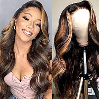 haha Brazilian Human Hair Highlight 4x4 Lace Front Wig Balayage Body Wave Ombre Lace Closure Wig Pre Plucked Honey Blonde 150% Density 18 Inch FB30