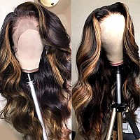 haha Brazilian Human Hair Highlight 4x4 Lace Front Wig Balayage Body Wave Ombre Lace Closure Wig Pre Plucked Honey Blonde 150% Density 18 Inch FB30