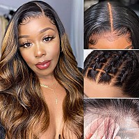 haha Brazilian Human Hair Highlight 4x4 Lace Front Wig Balayage Body Wave Ombre Lace Closure Wig Pre Plucked Honey Blonde 150% Density 18 Inch FB30