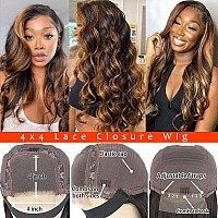 haha Brazilian Human Hair Highlight 4x4 Lace Front Wig Balayage Body Wave Ombre Lace Closure Wig Pre Plucked Honey Blonde 150% Density 18 Inch FB30