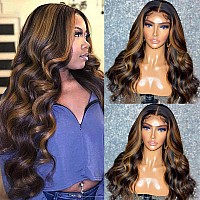 haha Brazilian Human Hair Highlight 4x4 Lace Front Wig Balayage Body Wave Ombre Lace Closure Wig Pre Plucked Honey Blonde 150% Density 18 Inch FB30