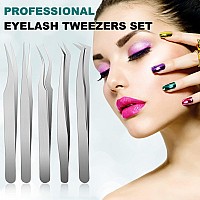 Chumia 5 Pcs Eyelash Extension Tweezers Volume Lash Tweezers Eyelash Extensions With Box Stainless Steel Pointed Lash Tweezers S