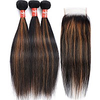 Haha Brown Highlight Bundles With 4X4 Closure Brazilian Human Hair Ombre Bundles With Closure Straight 10A Remy Virgin Hair Weav