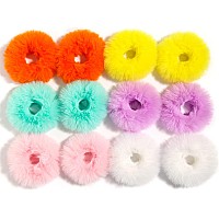 Fuzzy Furry Faux Rabbit Fur Hair Band Rope Wristband Ponytail Holder Hair Ring And Hair Accessories 12Pcs Colorful