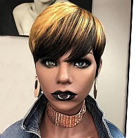 PangDongLai Pixie Cut Wigs for Black Women Ombre 1B/4/27 Color Short Straight Wigs Pixie Cut Wigs with Bangs 150% Density Glueless Wig for Women (pixie cut wig, 1b/4/27 color)