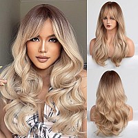 HAIRCUBE Long Blonde Wigs for Women Wave Curly Wig with Bangs Natural Brown Roots Synthetic Wigs for Daily Use