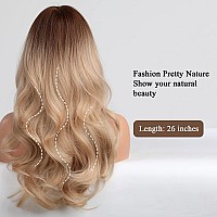 HAIRCUBE Long Blonde Wigs for Women Wave Curly Wig with Bangs Natural Brown Roots Synthetic Wigs for Daily Use