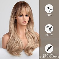 HAIRCUBE Long Blonde Wigs for Women Wave Curly Wig with Bangs Natural Brown Roots Synthetic Wigs for Daily Use