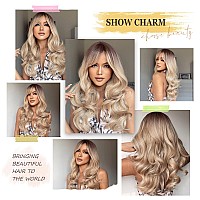 HAIRCUBE Long Blonde Wigs for Women Wave Curly Wig with Bangs Natural Brown Roots Synthetic Wigs for Daily Use