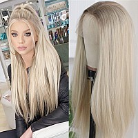 Aisom Ash Blonde Synthetic Lace Front Wigs for Women Ombre Blonde With Brown Roots Long Straight 24inch Pre Plucked Heat Resistant Lace Wigs Daily Use