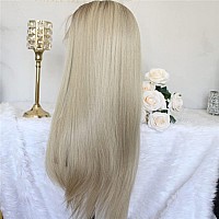 Aisom Ash Blonde Synthetic Lace Front Wigs for Women Ombre Blonde With Brown Roots Long Straight 24inch Pre Plucked Heat Resistant Lace Wigs Daily Use