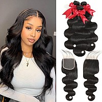 10A Body Wave Bundles with Closure 12 14 16+10 Inch Human Hair Bundles with Closure 100% Brazilian Virgin Body Wave 3 Bundles and Closure Human Hair Weave Bundles with Closure 4x4 HD Lace Free Part