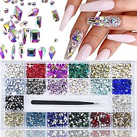 3800Pcs AB Gold Red Green Blue Black Pink Yellow Mix Colored Multi Shaped Big Nail Rhinestones Crystals Multi Sized Nail Round Beads Glass Gems Rhinestones for Nail DIY Crafts Jewelry