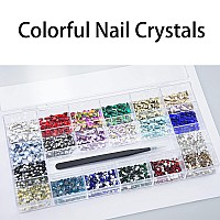 3800Pcs AB Gold Red Green Blue Black Pink Yellow Mix Colored Multi Shaped Big Nail Rhinestones Crystals Multi Sized Nail Round Beads Glass Gems Rhinestones for Nail DIY Crafts Jewelry