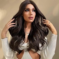 EMMOR Lace Front Wig Long Brown Wig Curly Wig Water Wave Wig Synthetic Wig Heat Resistant Fibre Natural Headline