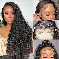 SNJON 13x6 HD Transparent Lace Front Wigs Human Hair 180 Density Curly Lace Front Wigs Water Wave Wigs for Black Women Wet and Wavy Human Hair Wig Pre Plucked with Baby Hair Natural Color (22 Inch)