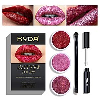 Kyda 3 Colors Glitter Lip Kit Diamond Metllic High Pigmented Powder For Lips Cosmetics Glitter Lips Makeupwith Lip Primer And