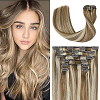 Ugotrays Clip In Extensions Real Human Hair Balayage Light Brown To Bleach Blonde Highlights Remy Human Hair Extensions 18 Inch