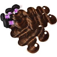 UNICE Brown Highlight Body Wave Human Hair Weave 3 Bundles 12 12 14 inches, Brazilian Remy Hair Ombre Blonde Human Hair Wavy Weaves Sew in FB30 Piano Color