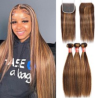 Haha Brazilian Straight Highlight Ombre Bundles With Lace Closure Human Hair Brown Blonde Highlight Bundles With Closure 16 18